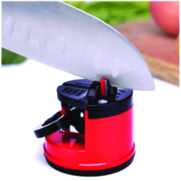 Wukusy manual kitchen knife sharpener for sharpening stainless steel knives, compact gray device on a kitchen countertop.