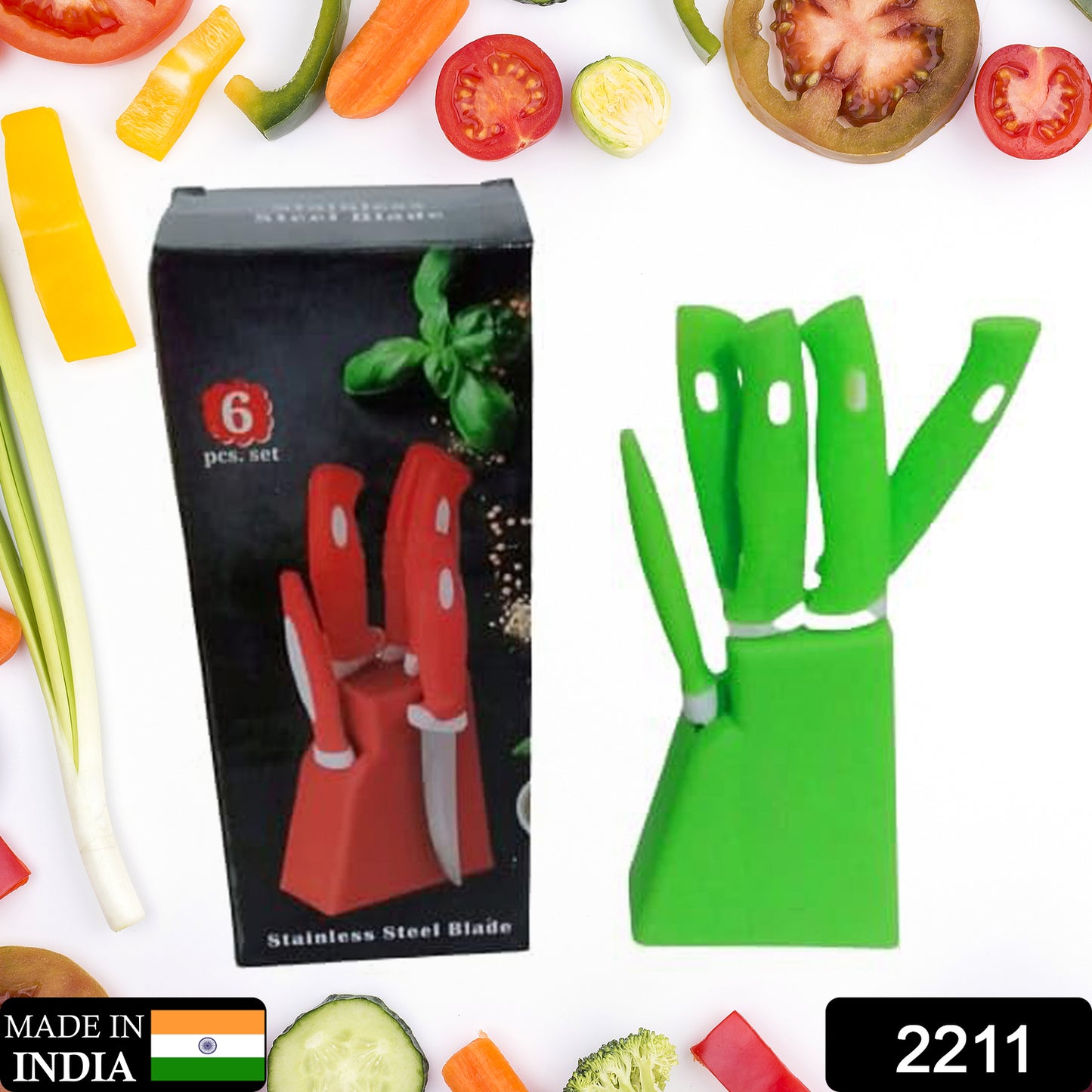 Wukusy 6-piece stainless steel knife and peeler set with stand, ideal for kitchen prep and vegetable peeling tasks.