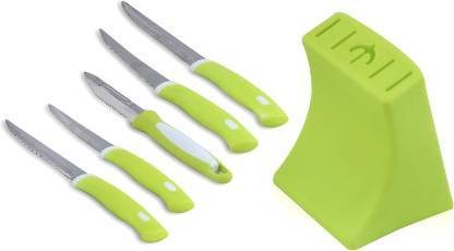 Wukusy 6-piece stainless steel knife and peeler set with stand, ideal for home kitchen use, featuring sleek, durable utensils.