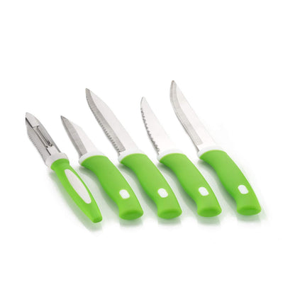 Wukusy 6-piece stainless steel knife and peeler set with stand, perfect for kitchen prep and food peeling tasks.