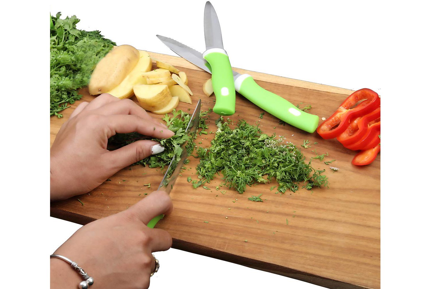 Wukusy 6-piece stainless steel knife and peeler set with stand, ideal for kitchen prep and vegetable peeling.