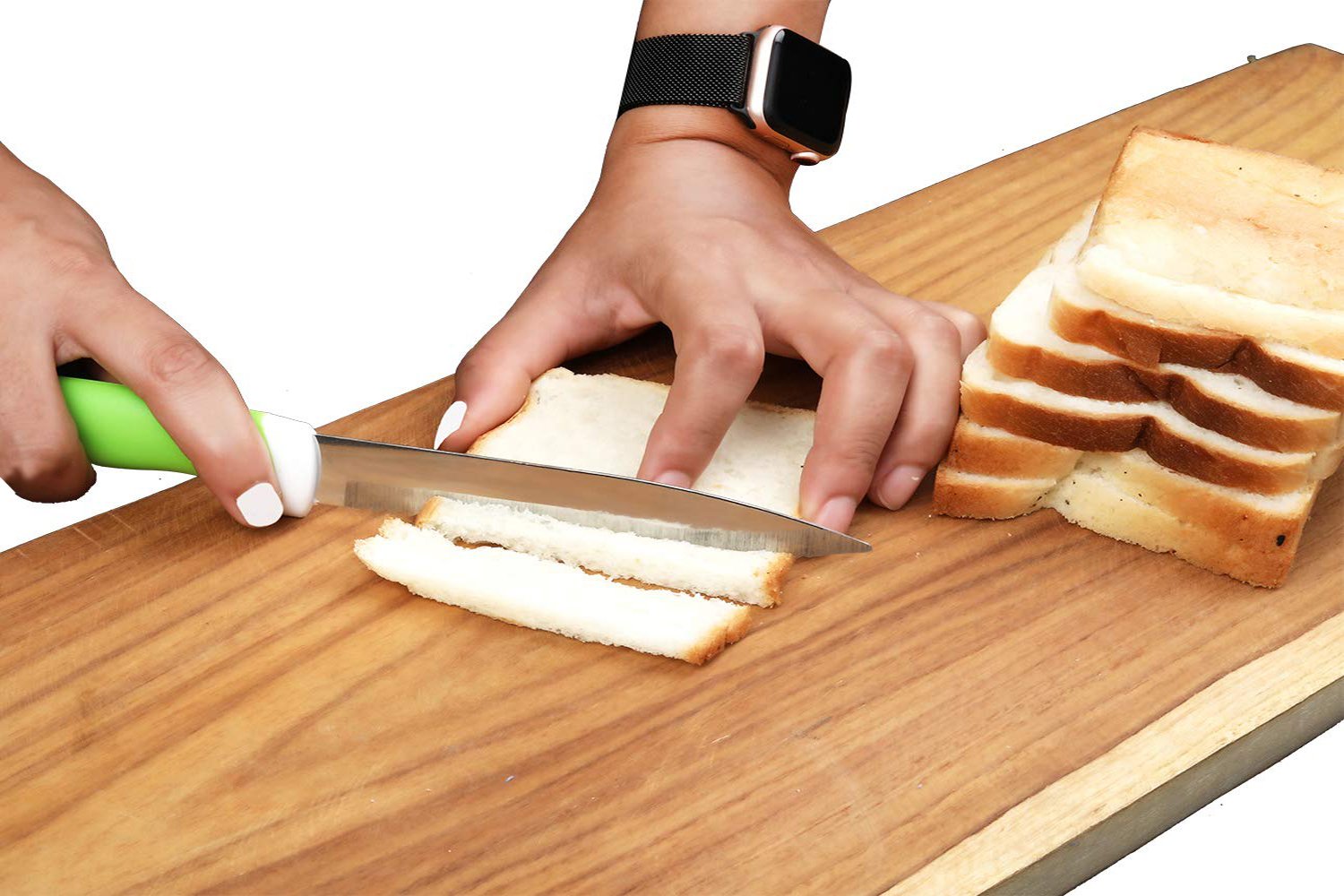 Wukusy 6-piece stainless steel knife and peeler set with stand, including various kitchen tools for peeling and slicing.