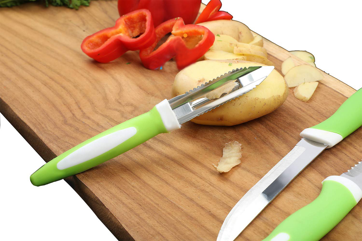 Wukusy 6-piece stainless steel knife and peeler set with stand, ideal for kitchen prep and peeling tasks.