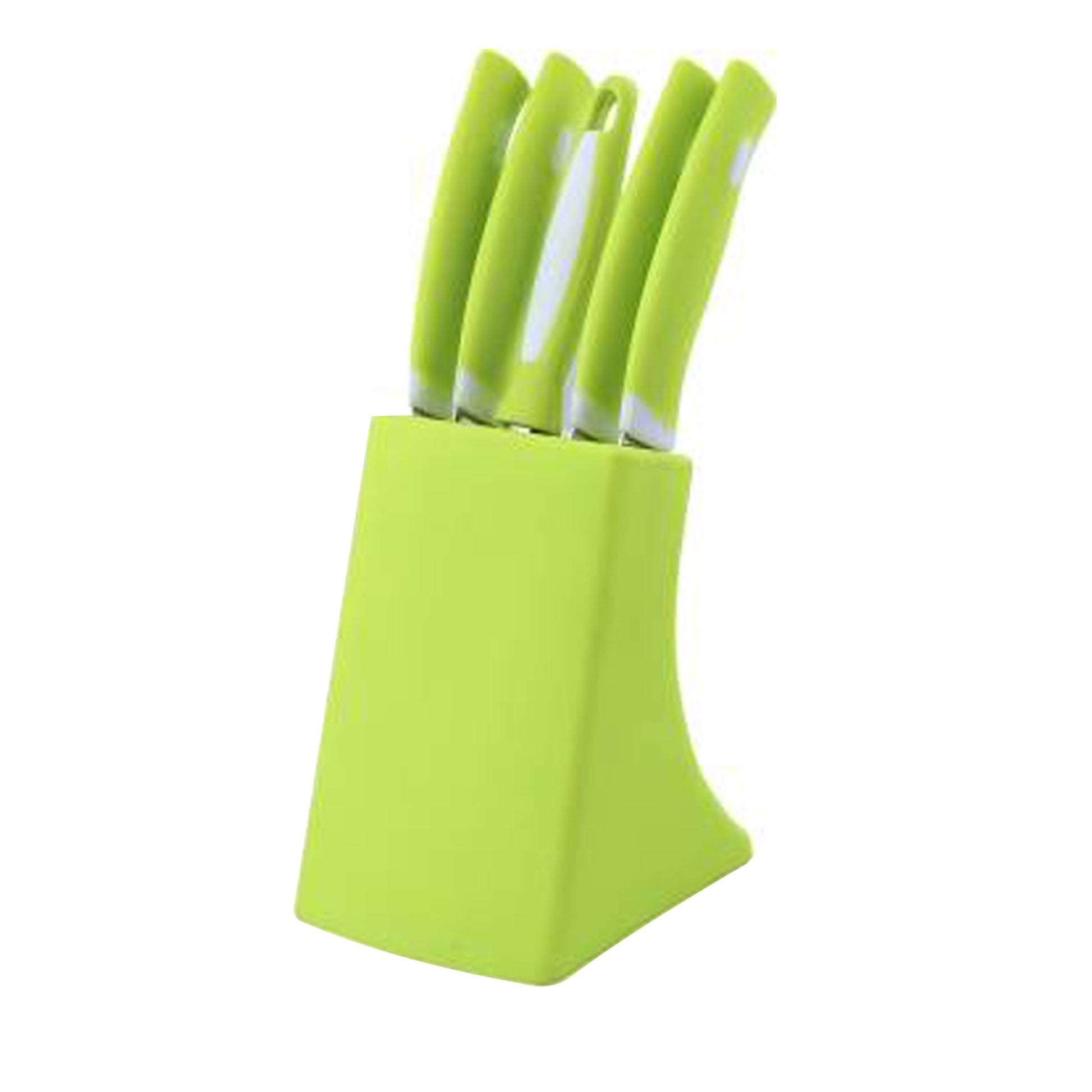 Wukusy 6-piece stainless steel knife and peeler set with stand for kitchen prep and vegetable peeling.