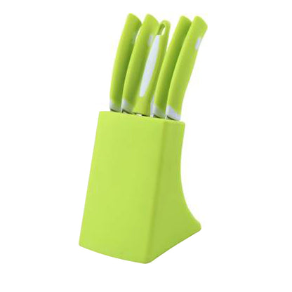 Wukusy 6-piece stainless steel knife and peeler set with stand for kitchen prep and vegetable peeling.