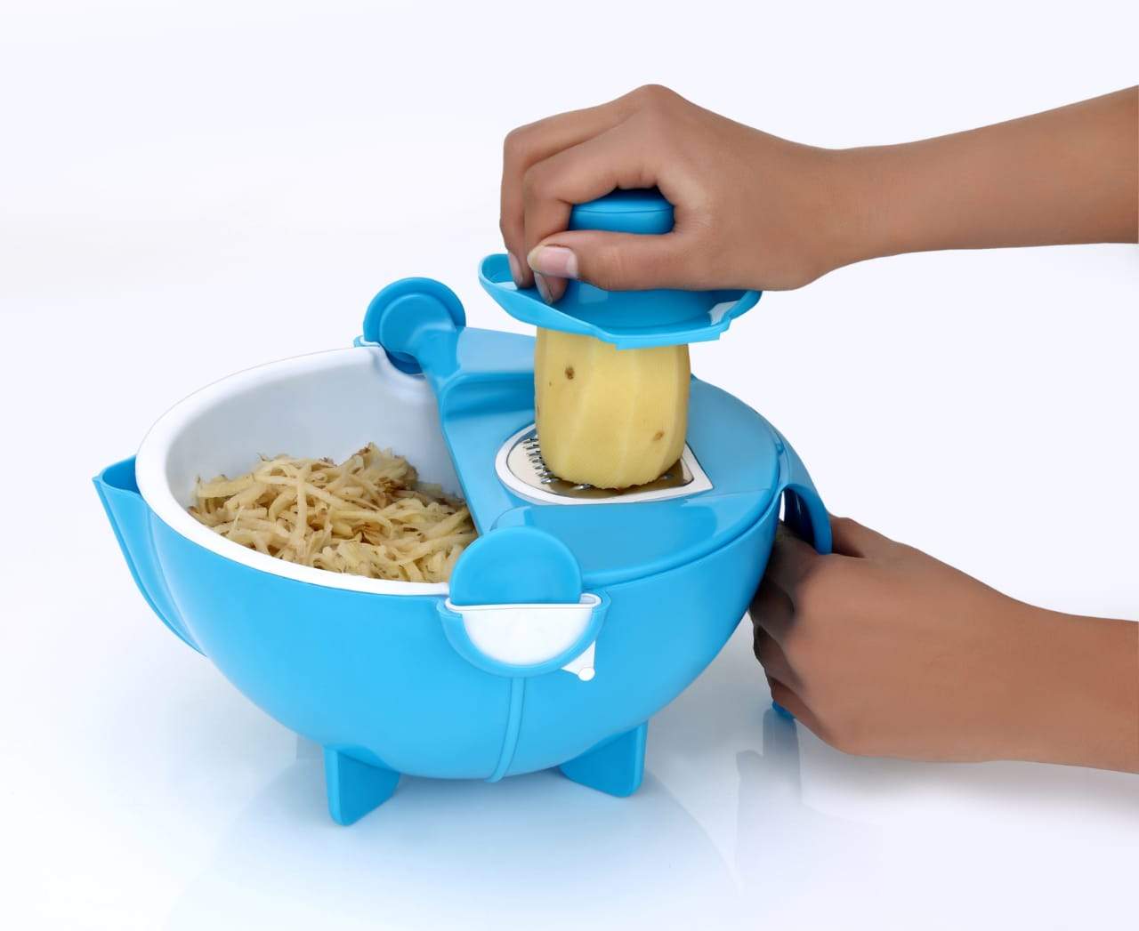 Wukusy multifunctional vegetable and fruit cutter with shredder and rotating drain basket for efficient kitchen prep.