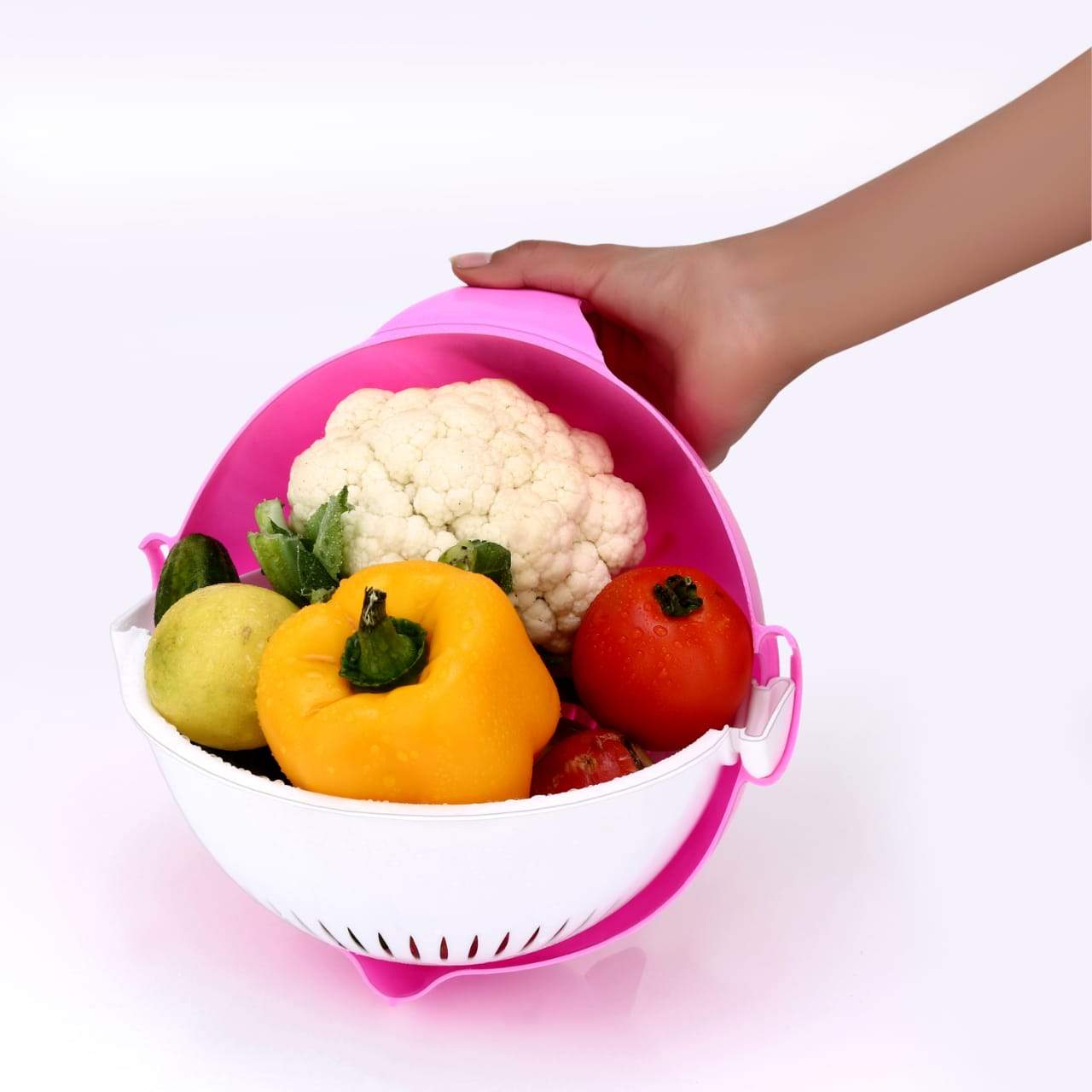 Wukusy multifunctional vegetable and fruit cutter with shredder and rotating drain basket, ideal for home kitchen use.
