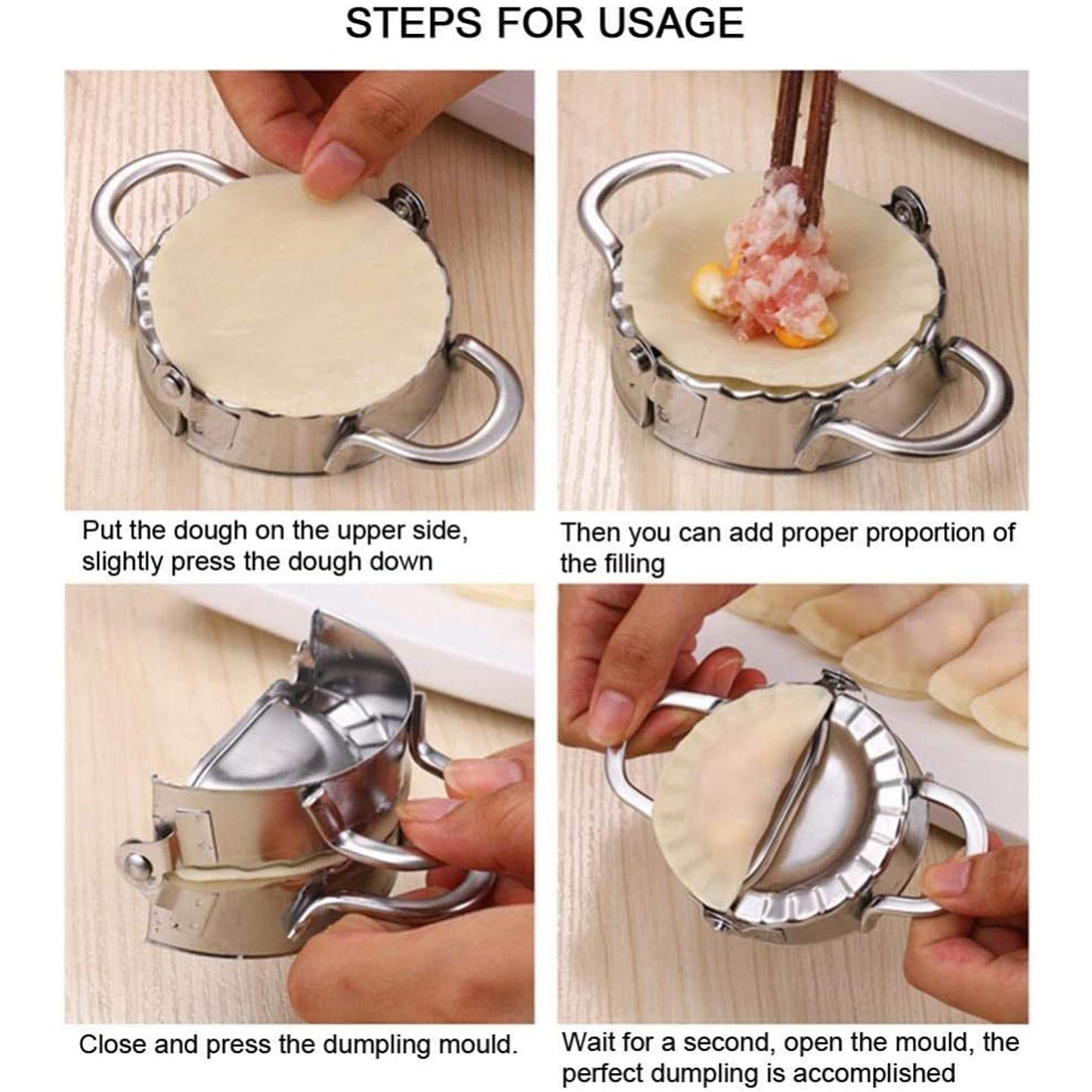 Wukusy 2219 stainless steel dumpling maker and dough cutter, pie mold tool for home kitchen use, with handles and textured surface.