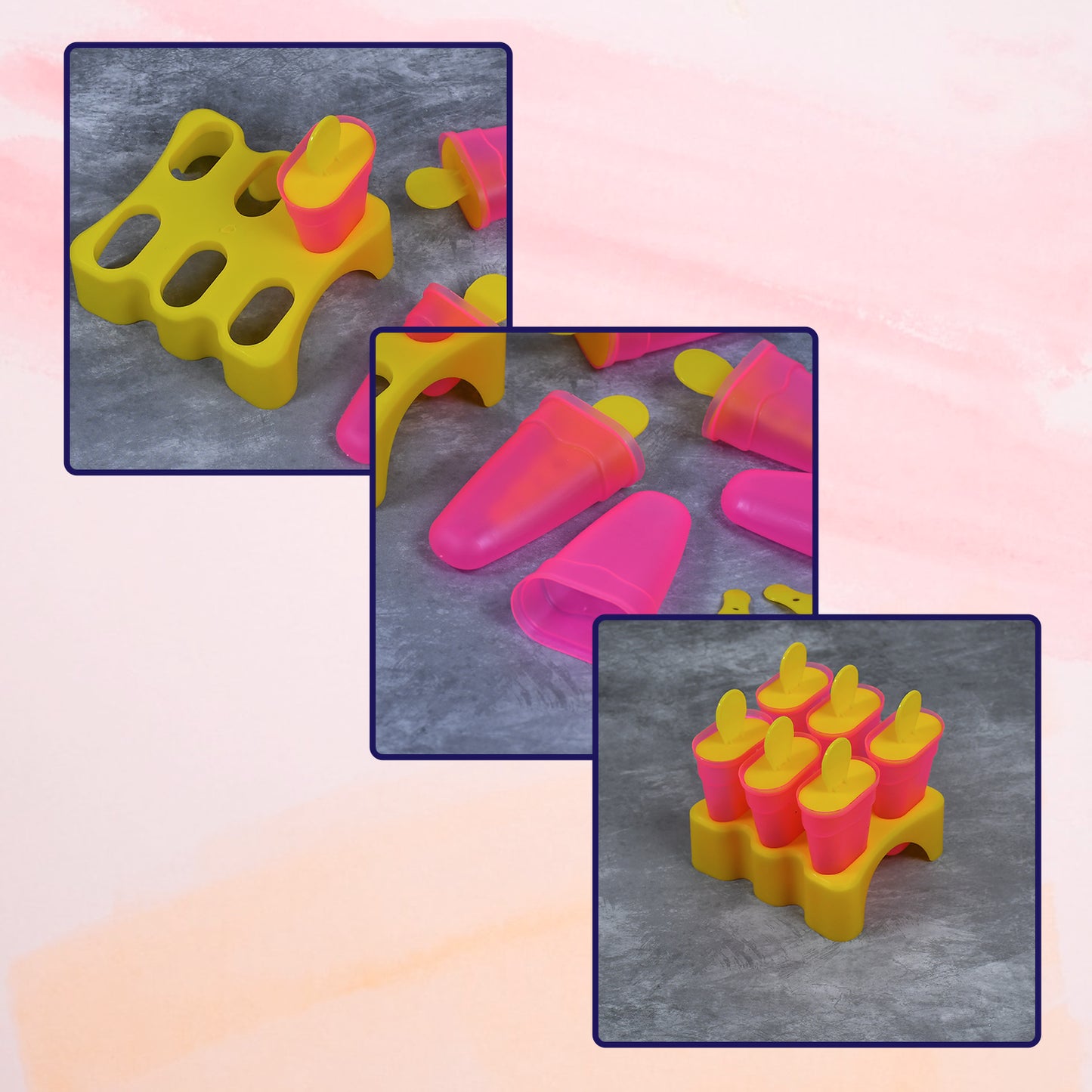 Wukusy 6-piece plastic kulfi maker moulds set for homemade ice cream, suitable for freezer use, in a home kitchen setting.