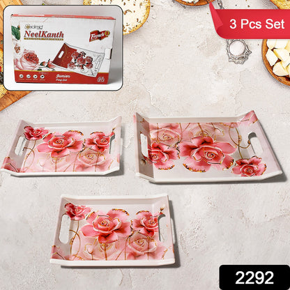 Set of three Wukusy plastic rectangular serving trays with flower printed design, ideal for home and kitchen use.
