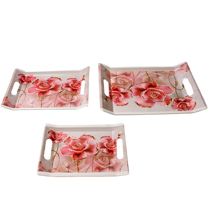 Set of three Wukusy plastic rectangular serving trays with colorful flower print for home and kitchen use.