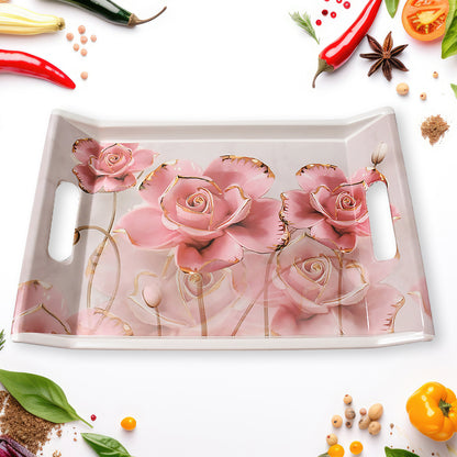 Set of three Wukusy plastic rectangular serving trays with colorful flower printed design for home and kitchen use.