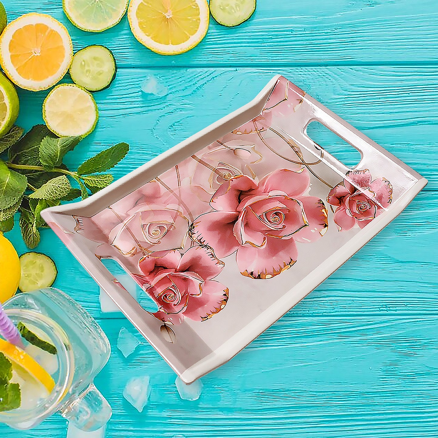 Set of three Wukusy plastic rectangular serving trays with colorful flower print, ideal for home and kitchen use.