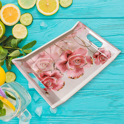 Set of three Wukusy plastic rectangular serving trays with colorful flower print, ideal for home and kitchen use.