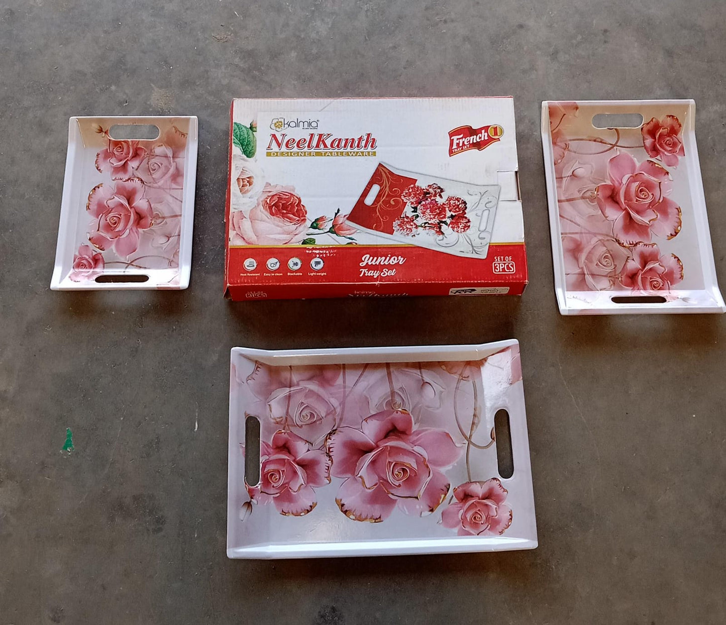 Set of three Wukusy plastic rectangular serving trays with colorful flower print for home and kitchen use.
