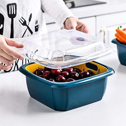 Wukusy double-layer food drainer washing basket with collapsible strainers and colander for kitchen food washing and drying.