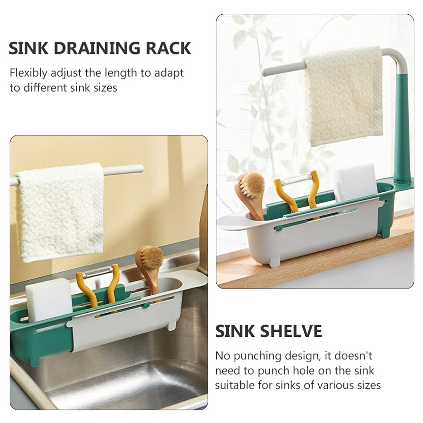 Expandable Wukusy kitchen drying basket rack for drying utensils and dishes, with multiple compartments for kitchen organization.