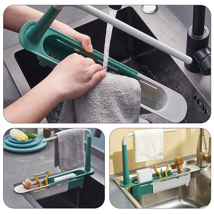 Wukusy expandable kitchen drying basket rack for drying utensils and dishes in a home kitchen setting.