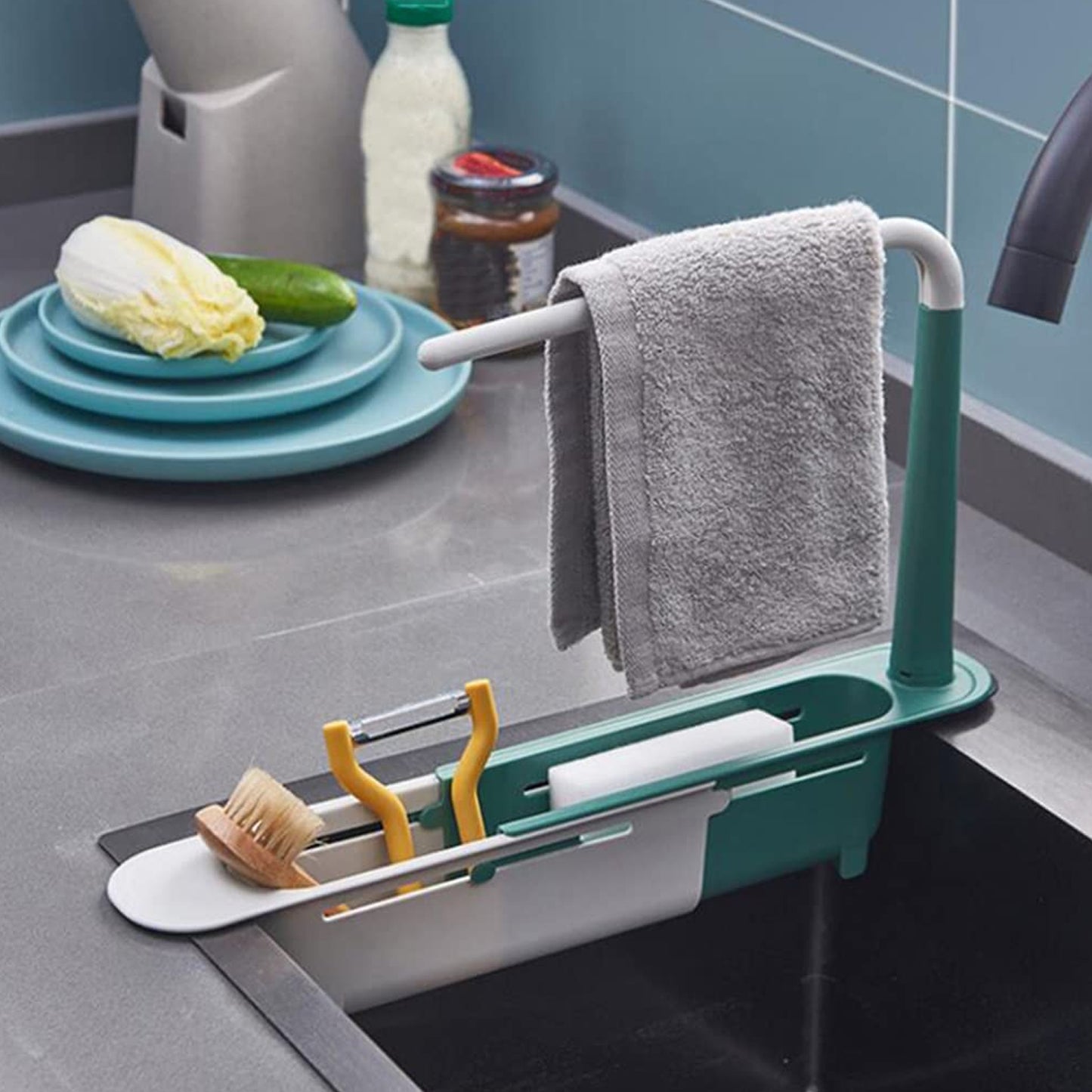 Wukusy 2370 expandable kitchen drying basket rack for drying dishes and utensils in home kitchen use.