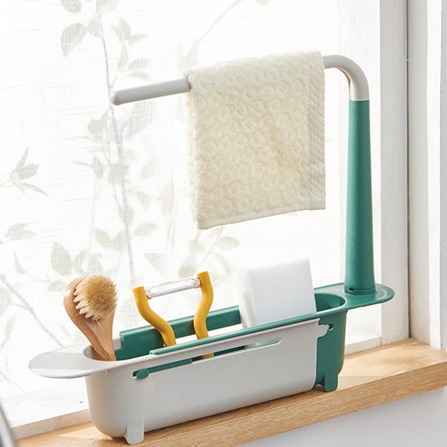 Wukusy Expandable Kitchen Drying Basket Rack for drying utensils and dishes in home kitchen, metal design with adjustable size.