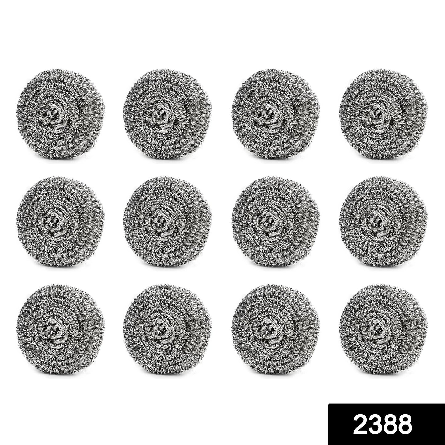 Set of 12 Wukusy stainless steel round ball scrubbers for cleaning kitchen utensils and surfaces.
