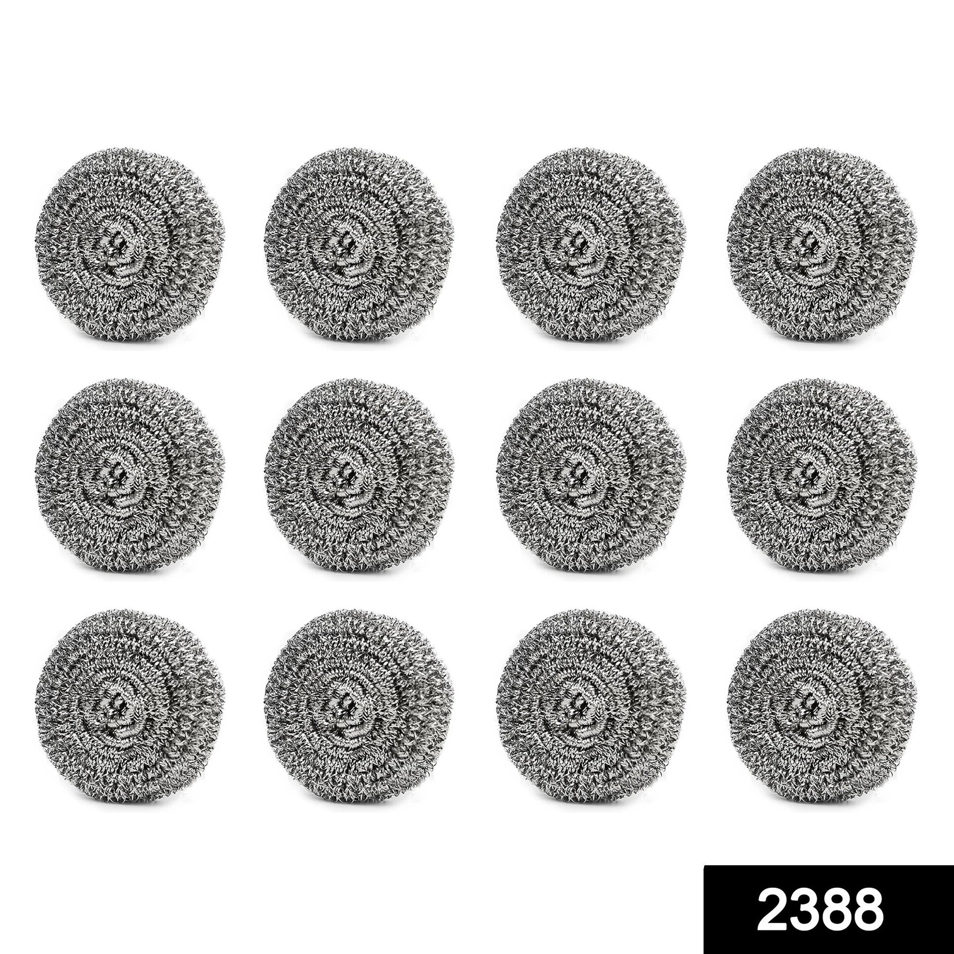 Set of 12 Wukusy stainless steel round ball scrubbers for cleaning kitchen utensils and surfaces.