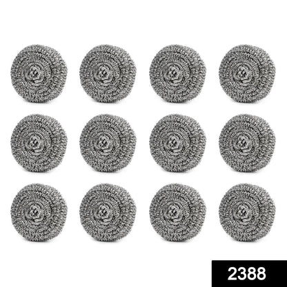 Set of 12 Wukusy stainless steel round ball scrubbers for cleaning kitchen utensils and surfaces.