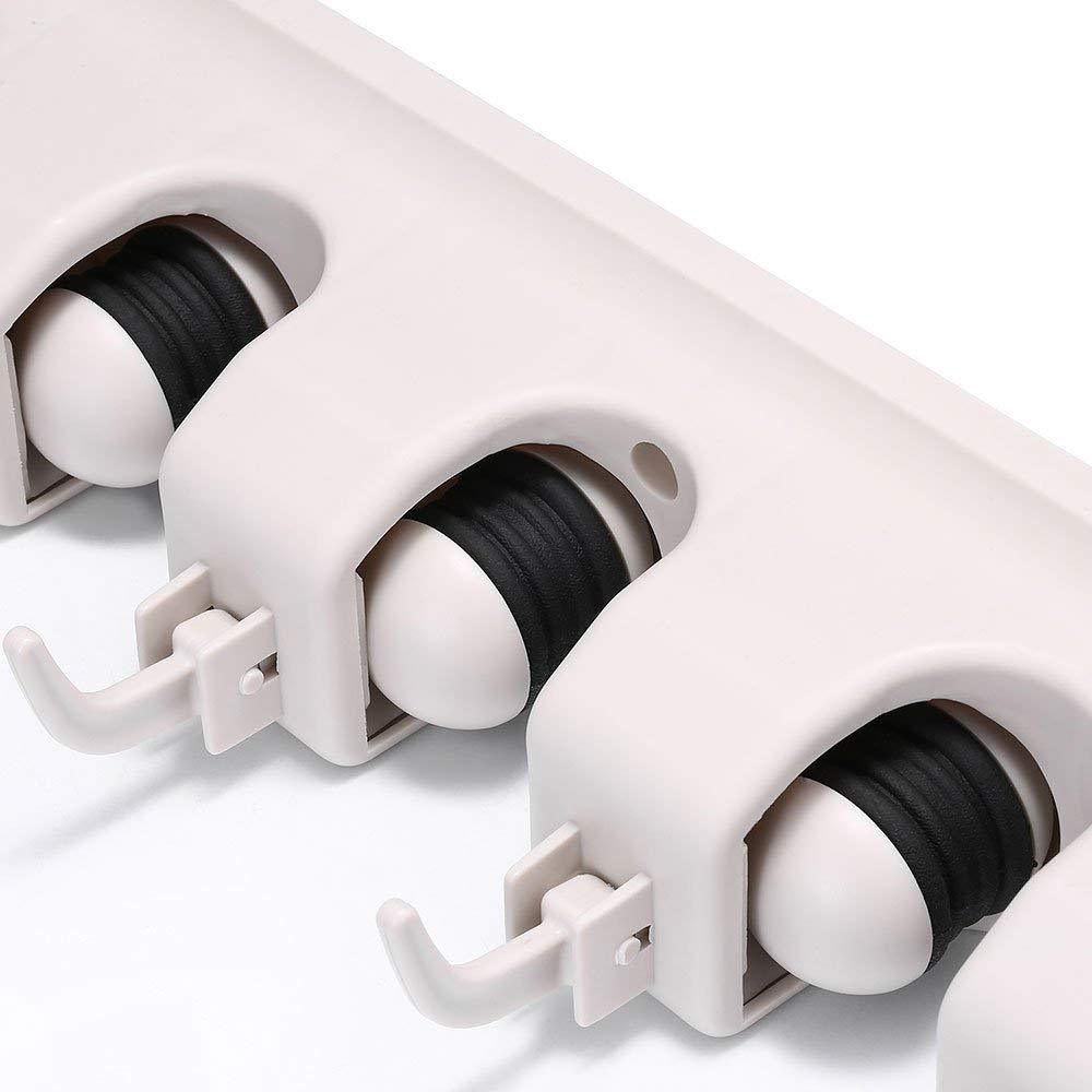 Wukusy 3-layer mop and broom holder for home and kitchen organization, featuring multiple hooks for cleaning tools.