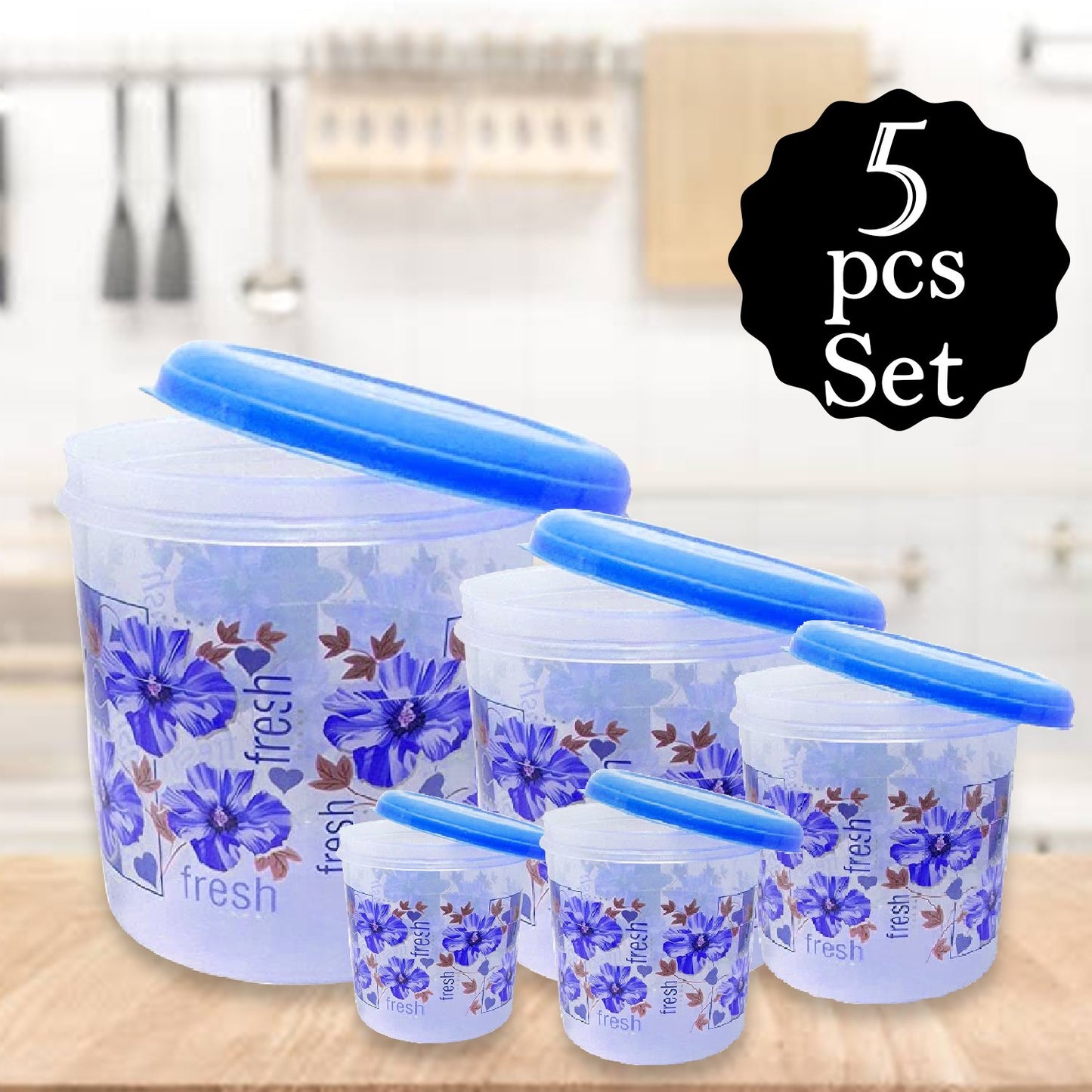 Set of Wukusy plastic transparent airtight containers in 3000ml, 2000ml, 1000ml, 750ml, and 500ml sizes for kitchen storage.
