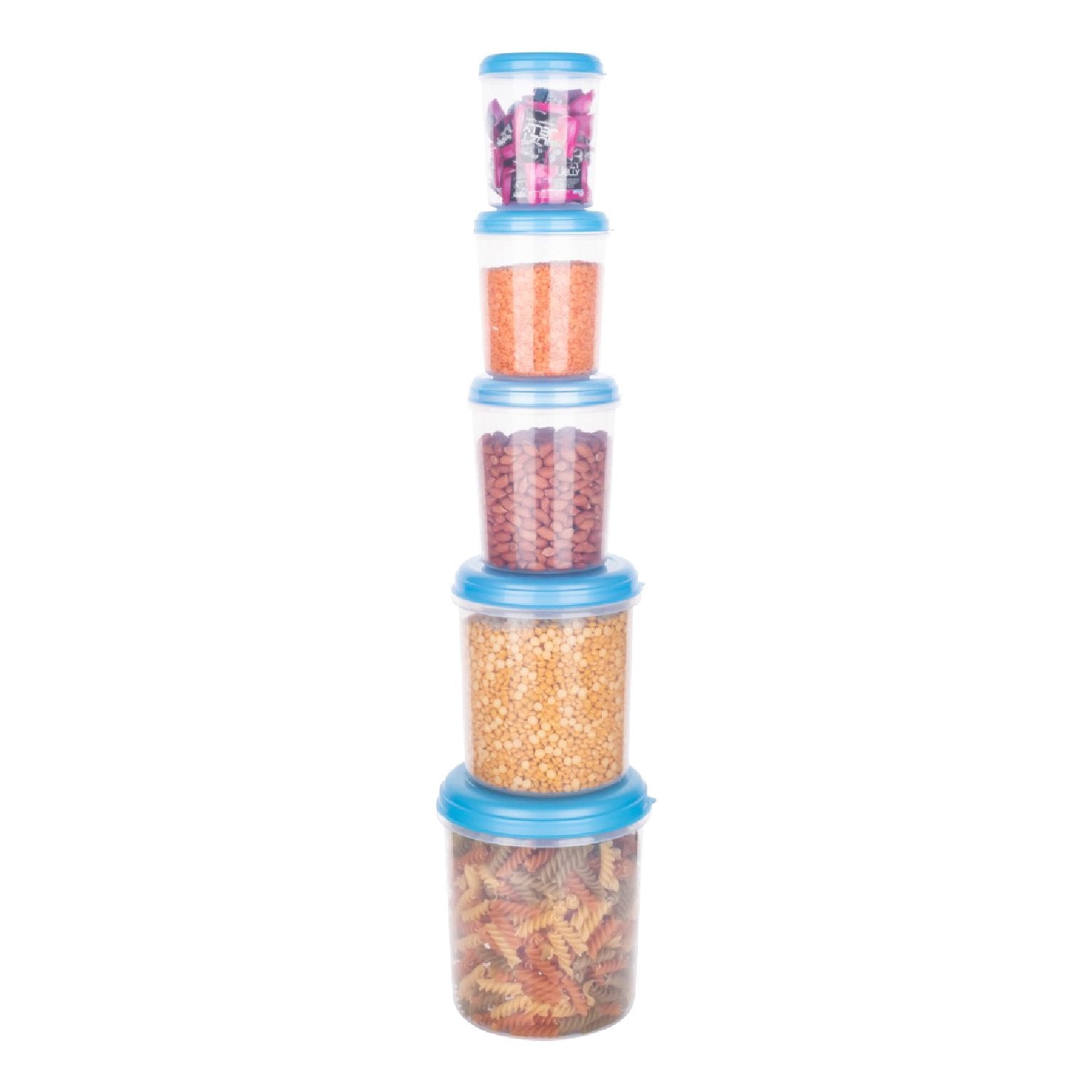 Wukusy plastic transparent airtight container set with five sizes: 3000ml, 2000ml, 1000ml, 750ml, and 500ml for kitchen storage