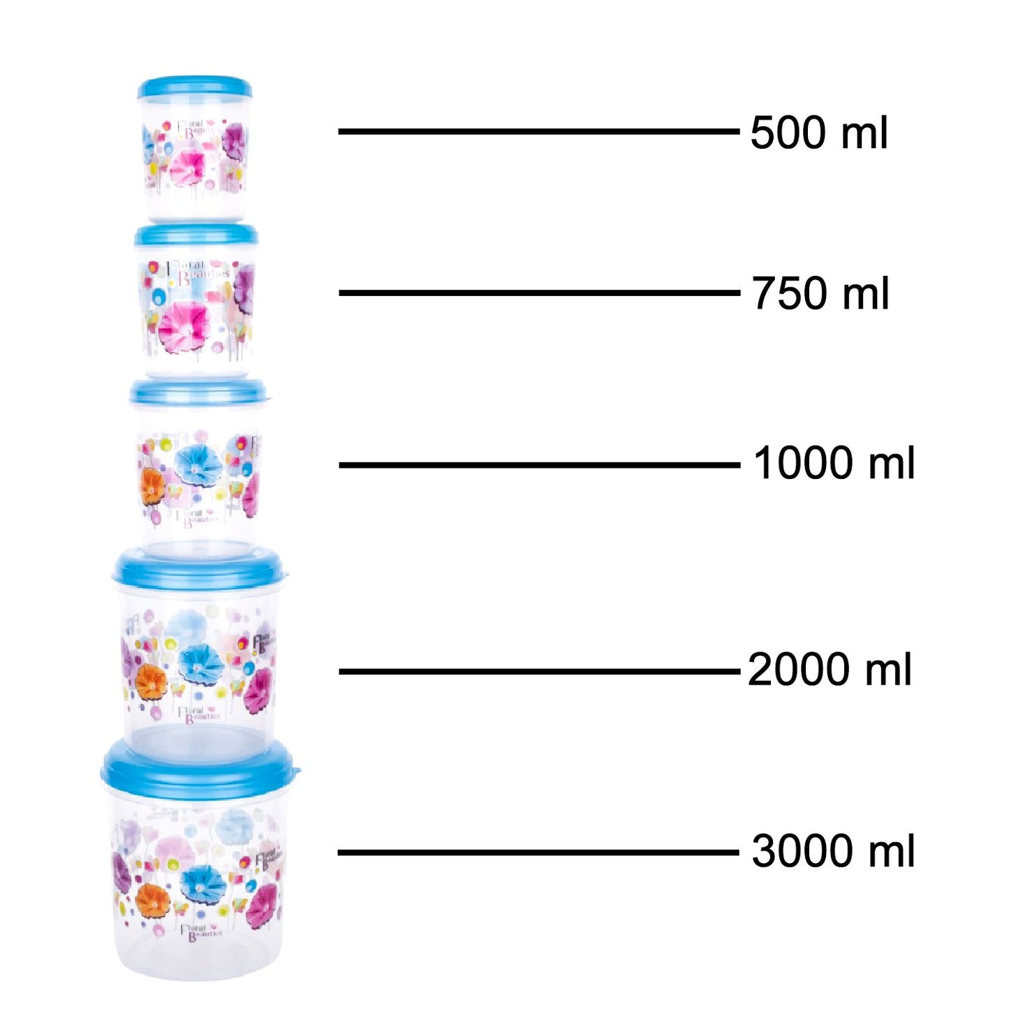 Wukusy plastic transparent container air tight dabba set with 3000ml, 2000ml, 1000ml, 750ml, and 500ml storage jars for kitchen use