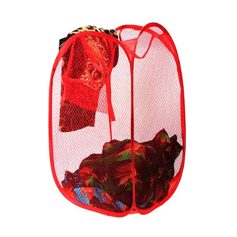 Wukusy laundry hamper made of mesh fabric with foldable, ventilated design for easy storage and organization of clothes.