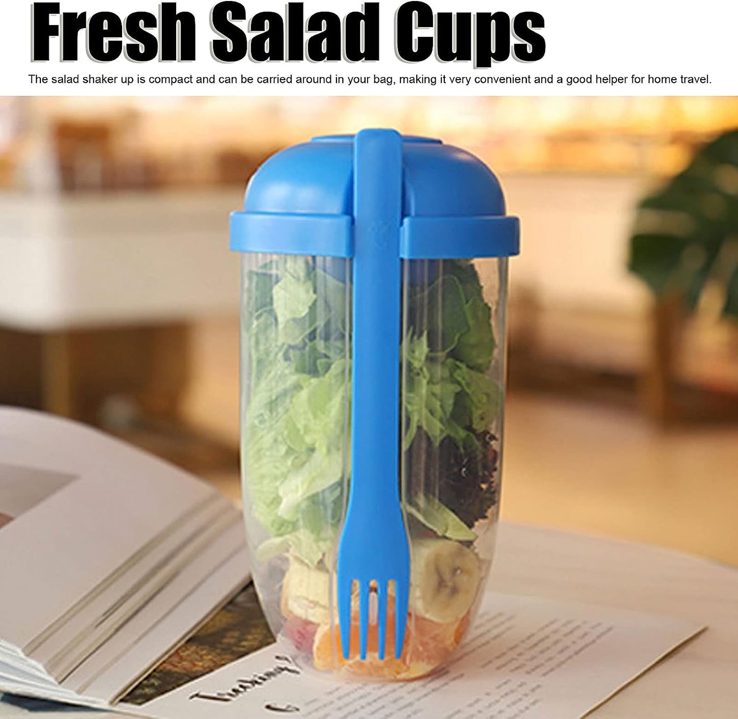 Wukusy fruit and vegetable salad cup, easy-to-clean mixing container for business travelers, round shape, transparent design.