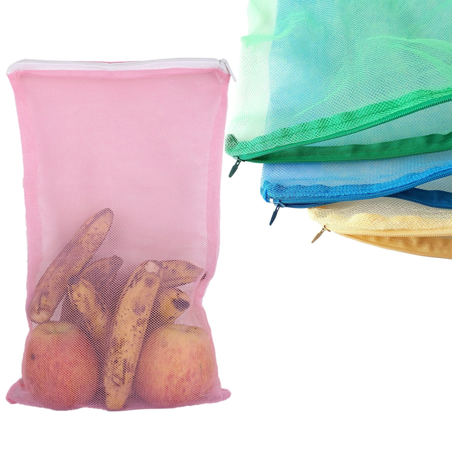 Multicolored Wukusy fridge bags for fruits and vegetables with zip net, ideal for kitchen storage and freshness.