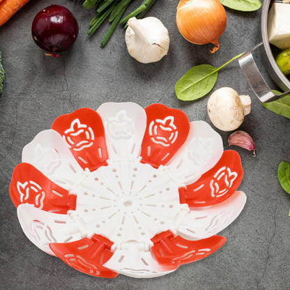 Wukusy foldable lotus-shaped fruit basket with hanging stand, ideal for fruits and vegetables, made of durable kitchen storage material.