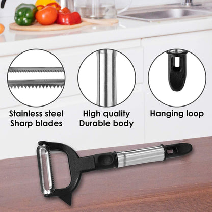 Wukusy 2-in-1 double julienne and vegetable peeler, handheld kitchen tool for slicing and peeling vegetables.