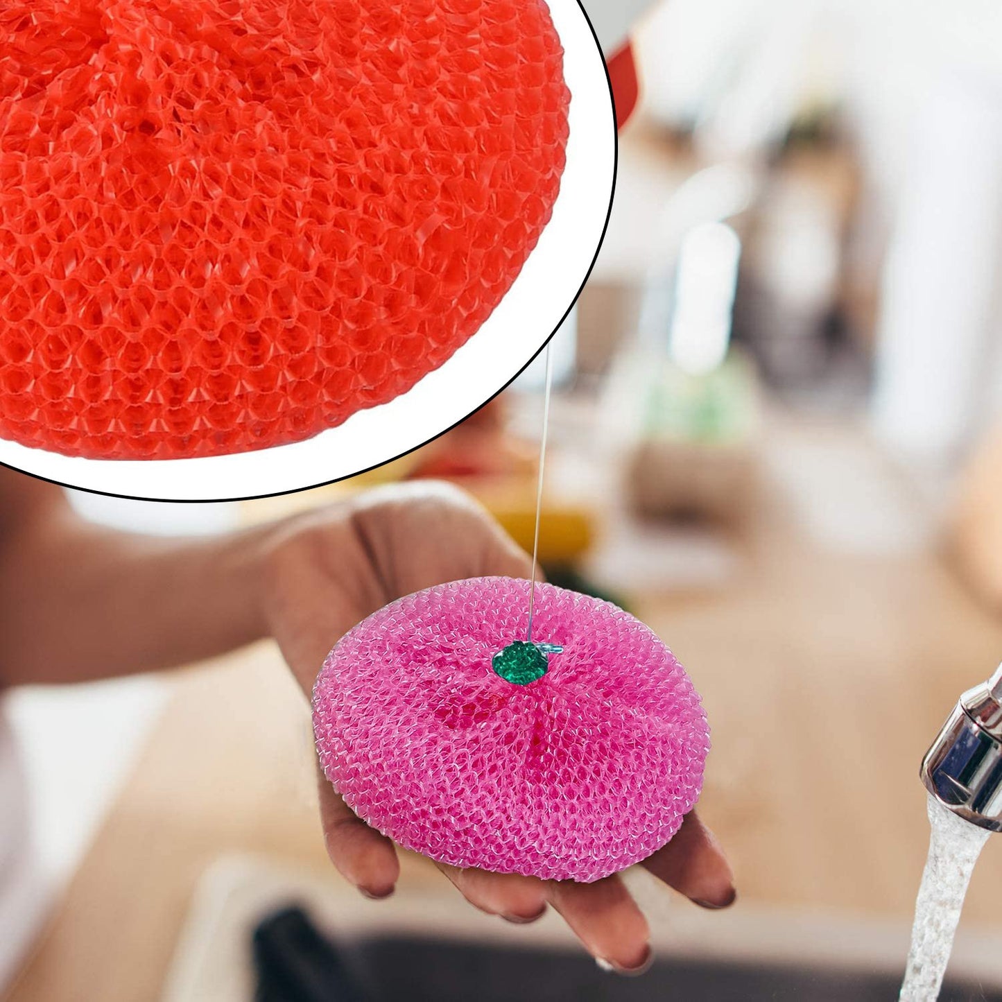 Wukusy plastic scrubber pack with 12 round nylon scrubbers for kitchen cleaning and dishwashing.