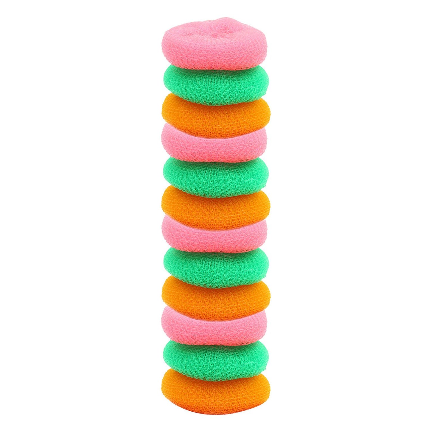 Wukusy plastic scrubber pack with 12 round nylon scrubbers for kitchen cleaning and household scrubbing tasks.