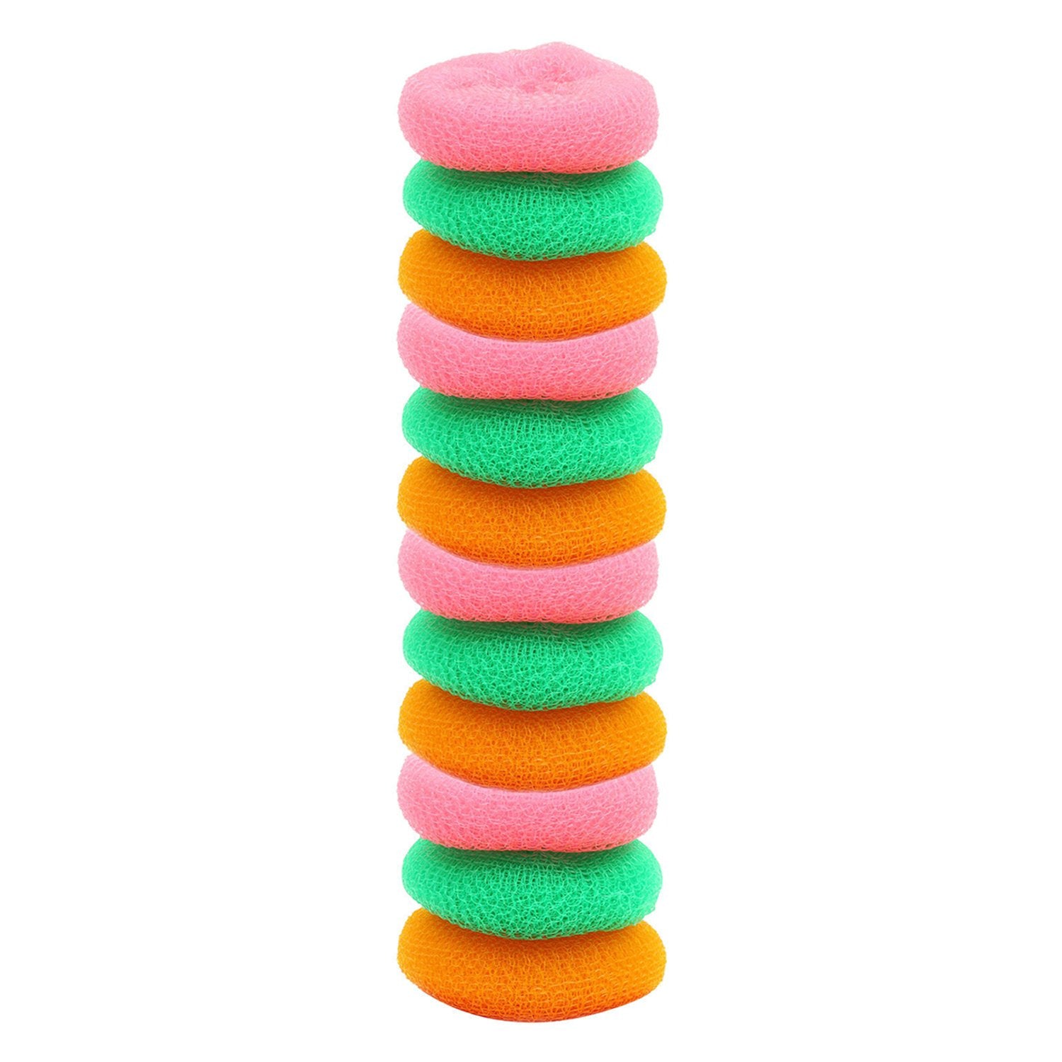 Wukusy plastic scrubber pack with 12 round nylon scrubbers for kitchen cleaning and household scrubbing tasks.