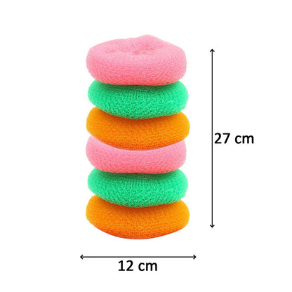Six Wukusy plastic nylon scrubbers in a round shape for kitchen cleaning, ideal for dishwashing and surface scrubbing.