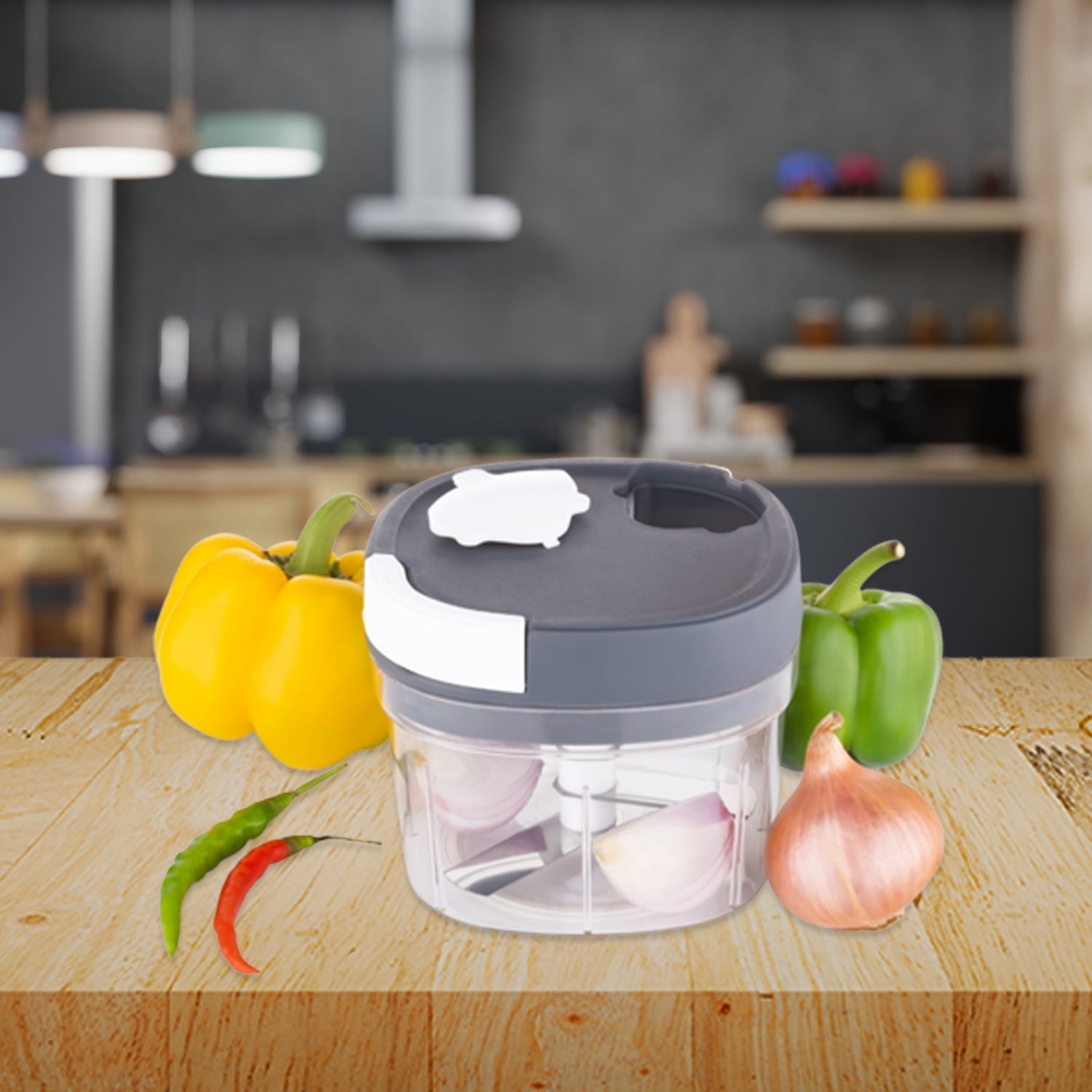 Wukusy Handy Chopper and Slicer for fruits, vegetables, cheese, and kitchen use, with stainless steel blades and compact design.