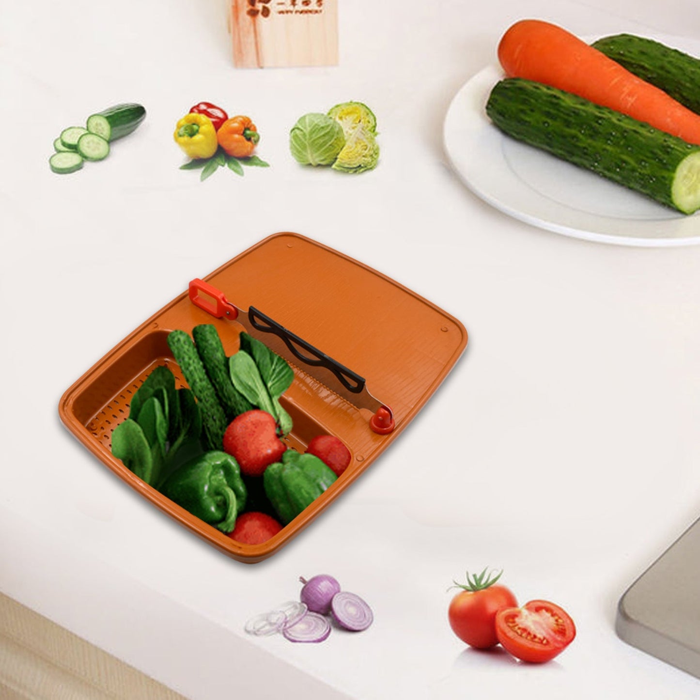Wukusy Cut N Wash Box and Tray for household kitchen use, used for cutting and washing fruits and vegetables.