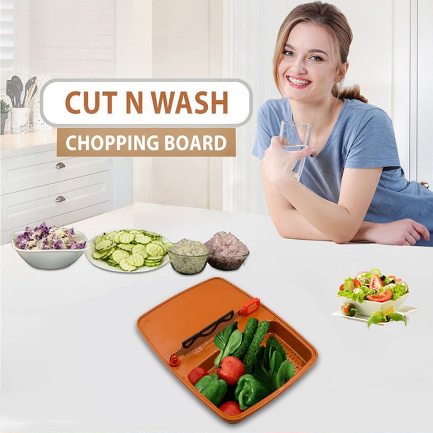 Wukusy Cut N Wash Box and Tray for household kitchen use, designed for cutting and washing fruits and vegetables.