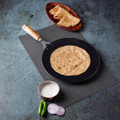 Wukusy wooden handle roti tawa for making rotis and parathas in household kitchens, with a sturdy wooden handle.