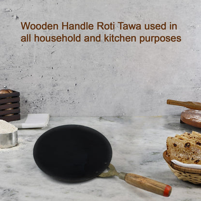 Wukusy wooden handle roti tawa for making rotis and parathas, used in household kitchens for versatile cooking.