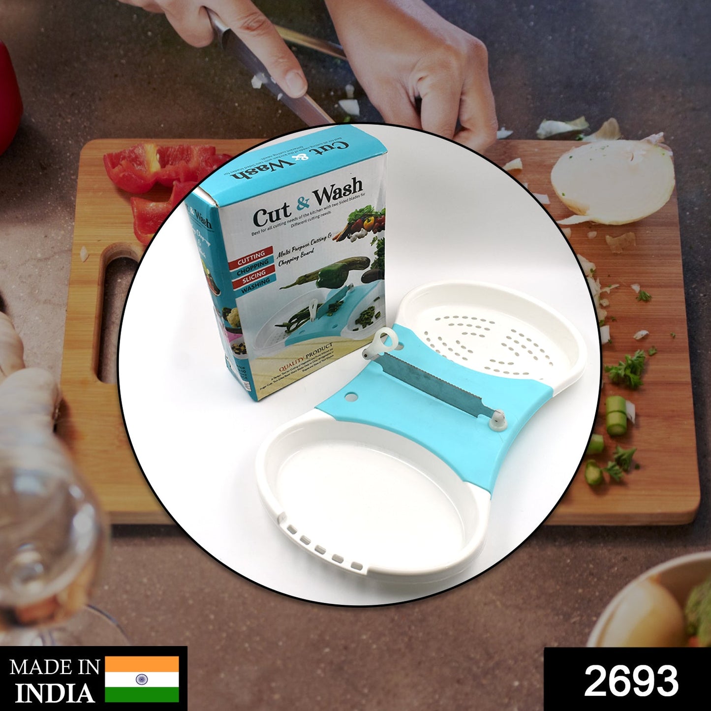 Wukusy adjustable Cut N Wash kitchen tool for cutting and washing vegetables and fruits simultaneously in home and kitchen use.