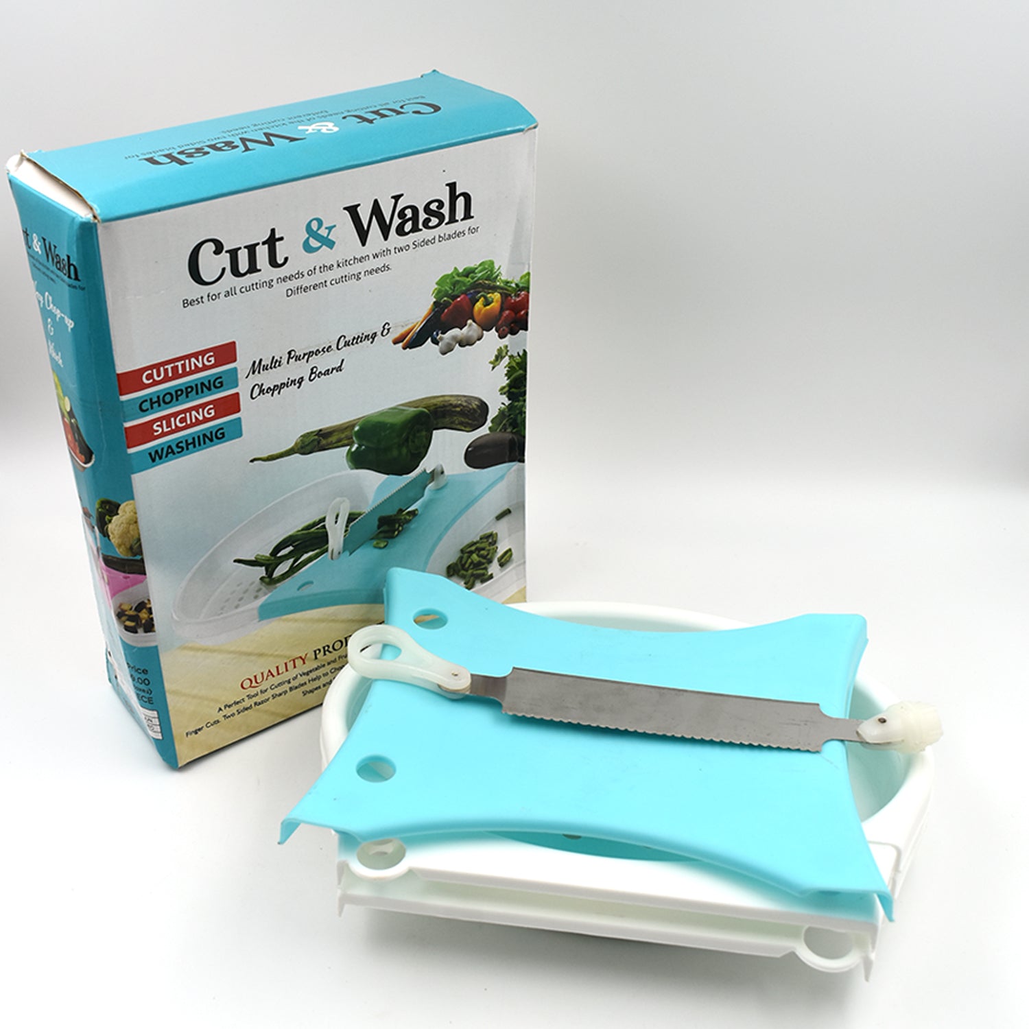 Wukusy Adjustable Cut N Wash tool for household use, featuring a basin with compartments for cutting and washing vegetables and fruits.
