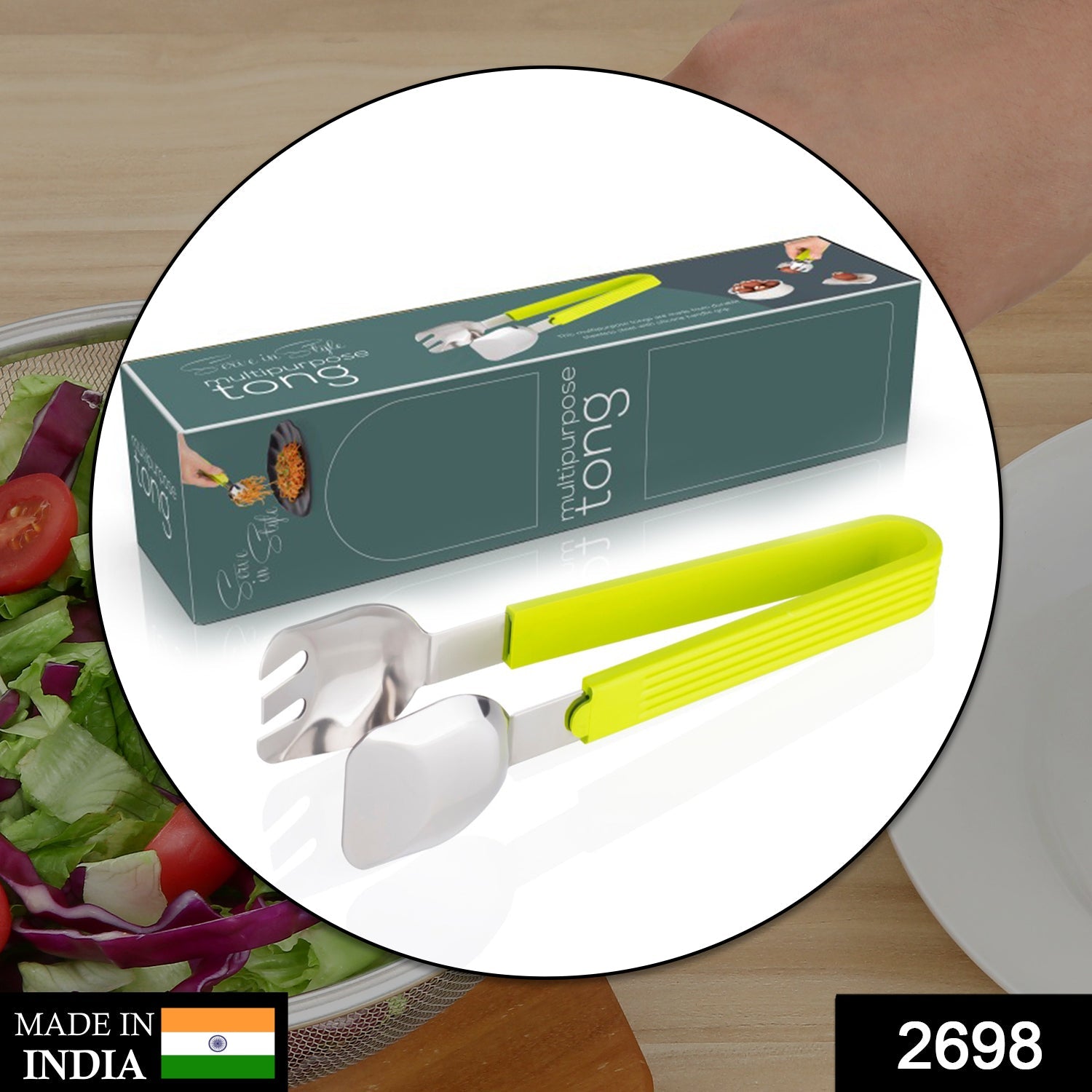 Wukusy Multi P Salad Serve Tong in kitchen, used for holding and grabbing food items in household and kitchen settings.