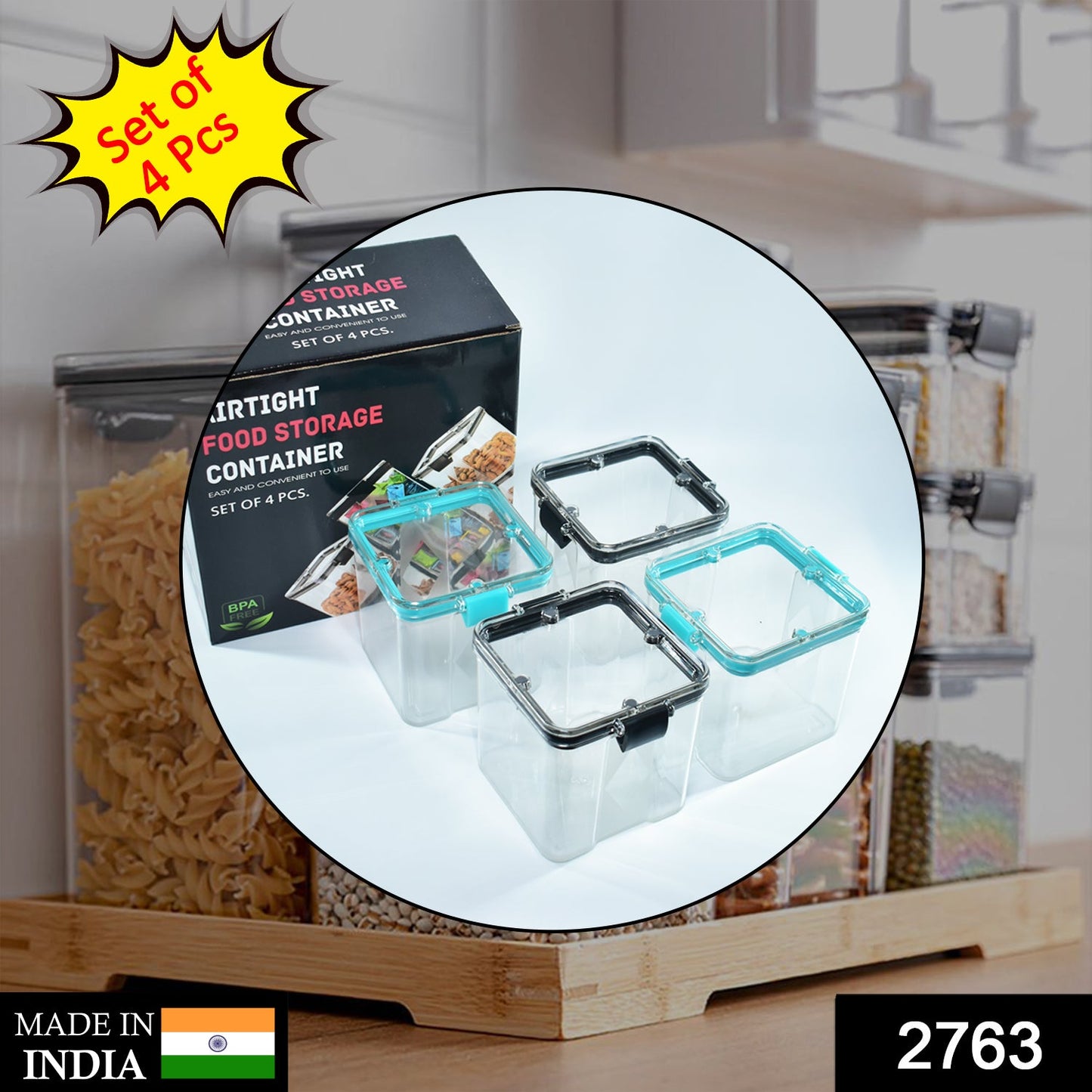 Wukusy 4-piece square food storage containers, 700ml capacity, used for storing various food items in the home kitchen.