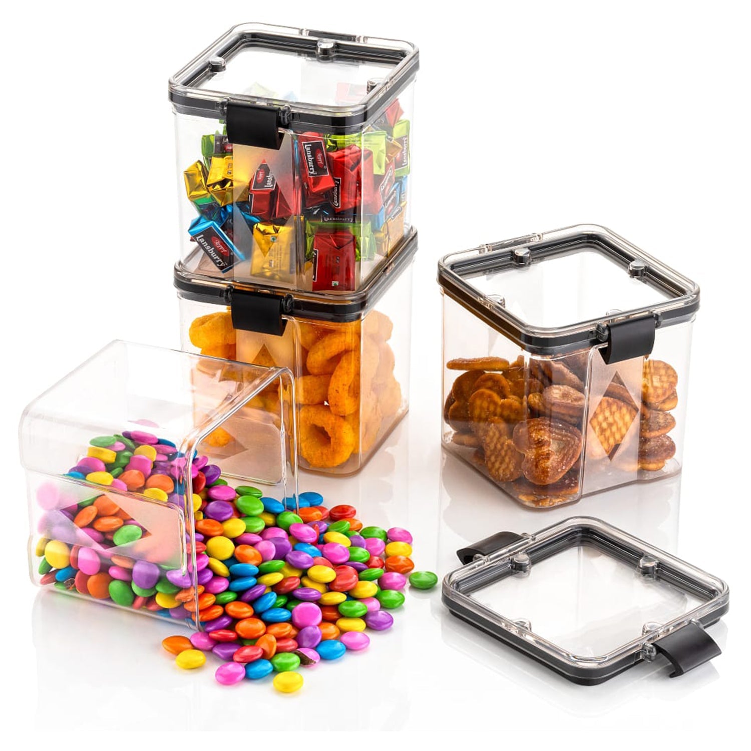 Wukusy 4-piece square container set with 700ml capacity for storing food and kitchen items, clear plastic design
